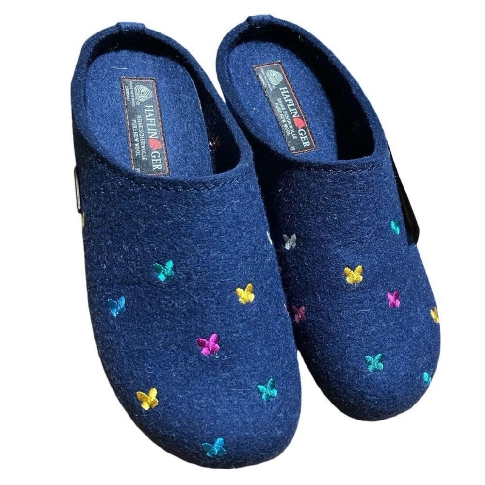 Haflinger Slippers womens 8 Blue Wool Farfalline Butterfly Shoes EU 39 mules